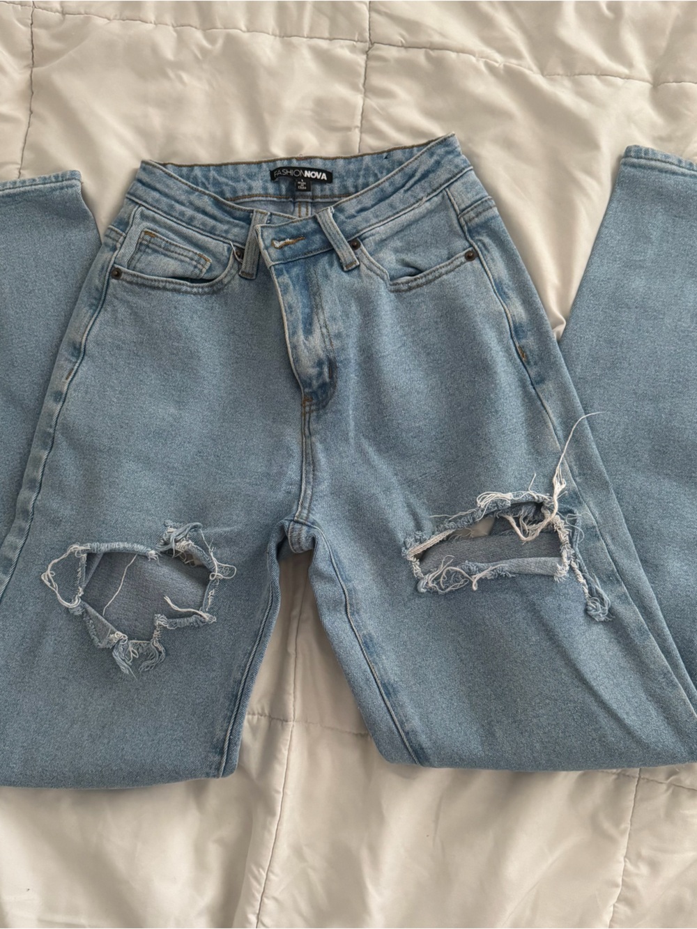 Fashion Nova Light Blue High-Rise Distressed Jeans